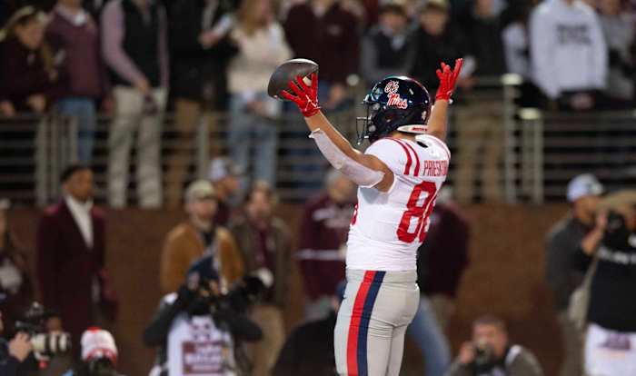 Ole Miss TE Caden Prieskorn (86) celebrates after a touchdown against Mississippi State during the second half of the Egg Bowl at Davis Wade Stadium in Starkville, Miss., Thursday, Nov. 23, 2023.