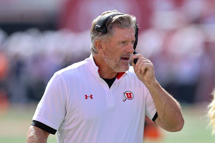 Oct 14, 2023; Salt Lake City, Utah, USA; Utah Utes head coach Kyle Whittingham looks on against the California Golden Bears in the second half at Rice-Eccles Stadium. Mandatory Credit: Rob Gray-USA TODAY Sports