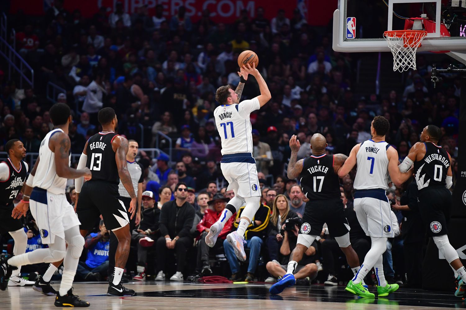 Dallas Mavs star Luka Doncic puts up a floater against the Los Angeles Clippers.