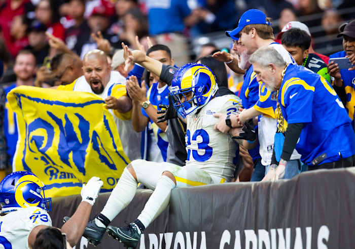 Rams running back Kyren Williams celebrated one of his scores with fans who made the trip to Arizona.