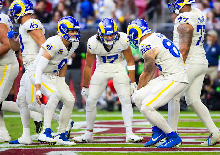 Los Angeles Rams Matthew Stafford, Puka Nacua and Tyler Higbee, left-to-right.