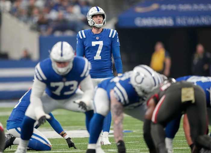 Indianapolis Colts place kicker Matt Gay (7) looks at the goal posts before kicking a field goal Sunday, Nov. 26, 2023, during a game against the Tampa Bay Buccaneers at Lucas Oil Stadium in Indianapolis.