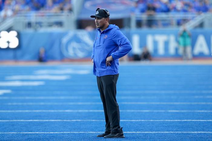 Oct 7, 2023; Boise, Idaho, USA; Boise State Broncos head coach Andy Avalos during the first half against the San Jose State Spartans at Albertsons Stadium. Mandatory Credit: Brian Losness-USA TODAY Sports   