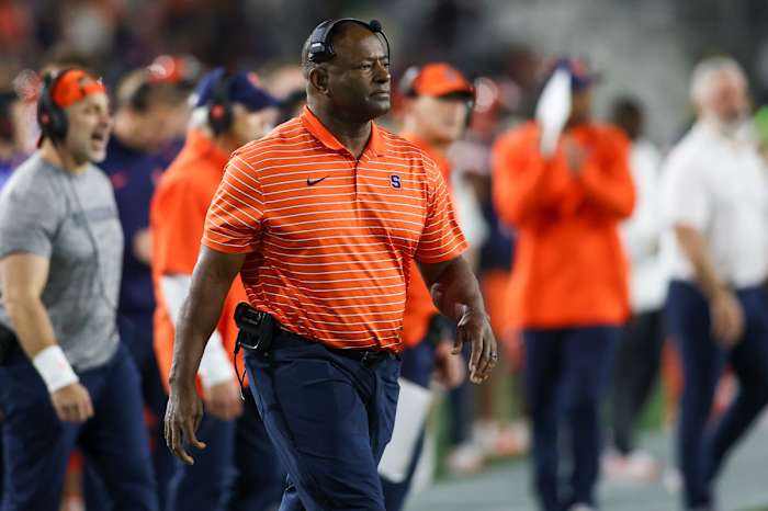 Nov 18, 2023; Atlanta, Georgia, USA; Syracuse Orange head coach Dino Babers on the sideline against the Georgia Tech Yellow Jackets in the first half at Bobby Dodd Stadium at Hyundai Field. Mandatory Credit: Brett Davis-USA TODAY Sports