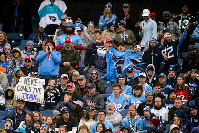 Tennessee Titans fans cheer against the Carolina Panthers during the second quarter at Nissan Stadium.