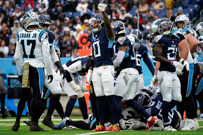 Tennessee Titans cornerback Sean Murphy-Bunting (0) celebrates a fourth down against the Carolina Panthers during the third quarter at Nissan Stadium.