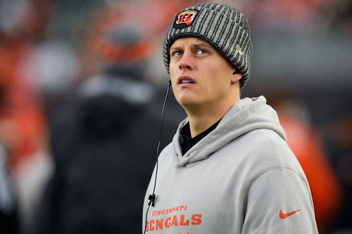 Injured Cincinnati Bengals quarterback Joe Burrow (9) walks the sideline in the fourth quarter of the NFL Week 12 game between the Cincinnati Bengals and the Pittsburgh Steelers at Paycor Stadium in Cincinnati on Sunday, Nov. 26, 2023. The Steelers took a 16-10 win over the Bengals in Cincinnati.