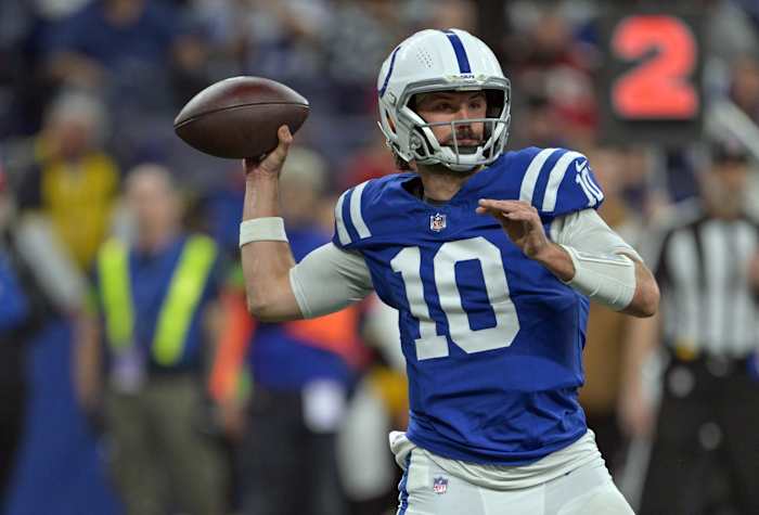 Nov 26, 2023; Indianapolis, Indiana, USA; Indianapolis Colts quarterback Gardner Minshew (10) throws a pass during the second half against the Tampa Bay Buccaneers at Lucas Oil Stadium.