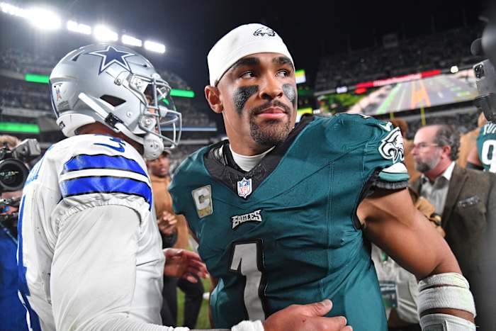 Quarterbacks Dak Prescott (left) and Jalen Hurts (right) embrace after the Philadelphia Eagles defeated the Dallas Cowboys in Week 9 at Lincoln Financial Field.