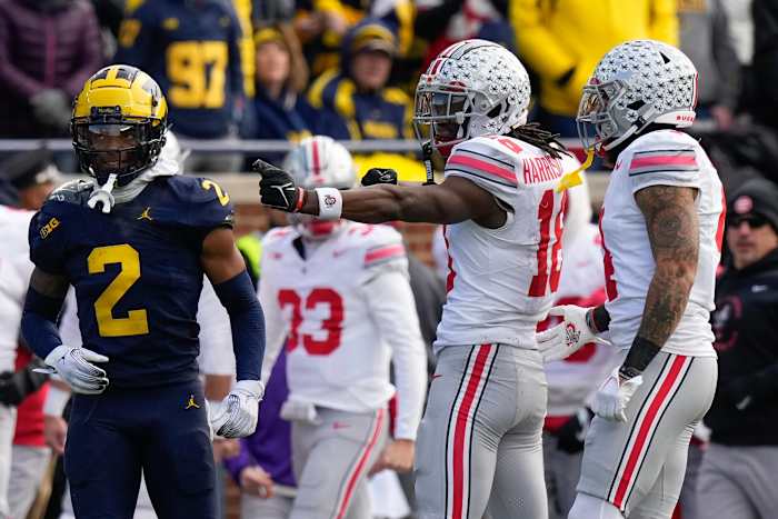 Ohio State Buckeyes wide receiver Marvin Harrison Jr. celebrates a big play against the Michigan Wolverines.