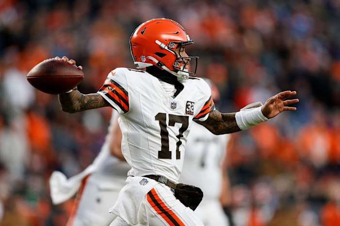 Nov 26, 2023; Denver, Colorado, USA; Cleveland Browns quarterback Dorian Thompson-Robinson (17) looks to pass in the third quarter against the Denver Broncos at Empower Field at Mile High.