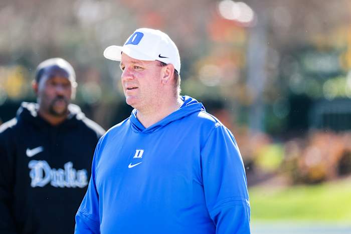 Nov 25, 2023; Durham, North Carolina, USA; Duke Blue Devils head coach Mike Elko looks on before the first half of the game against Pittsburgh Panthers at Wallace Wade Stadium.