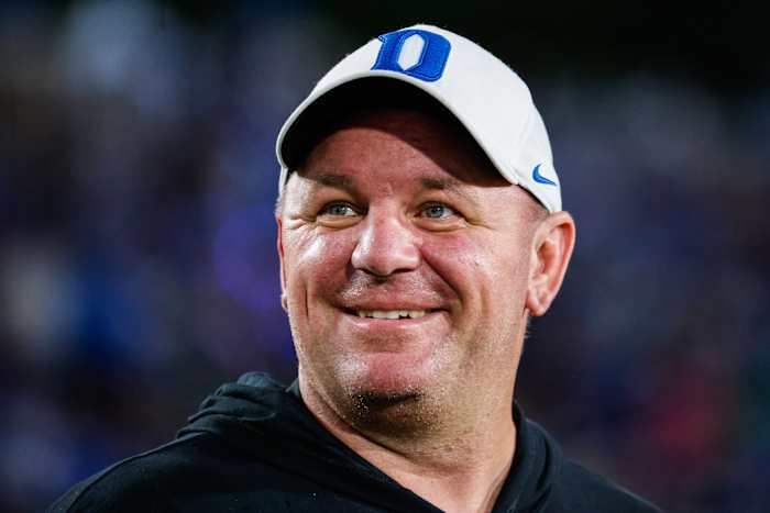 Sep 30, 2023; Durham, North Carolina, USA; Duke Blue Devils head coach Mike Elko smiles just before the game against Notre Dame Fighting Irish at Wallace Wade Stadium.