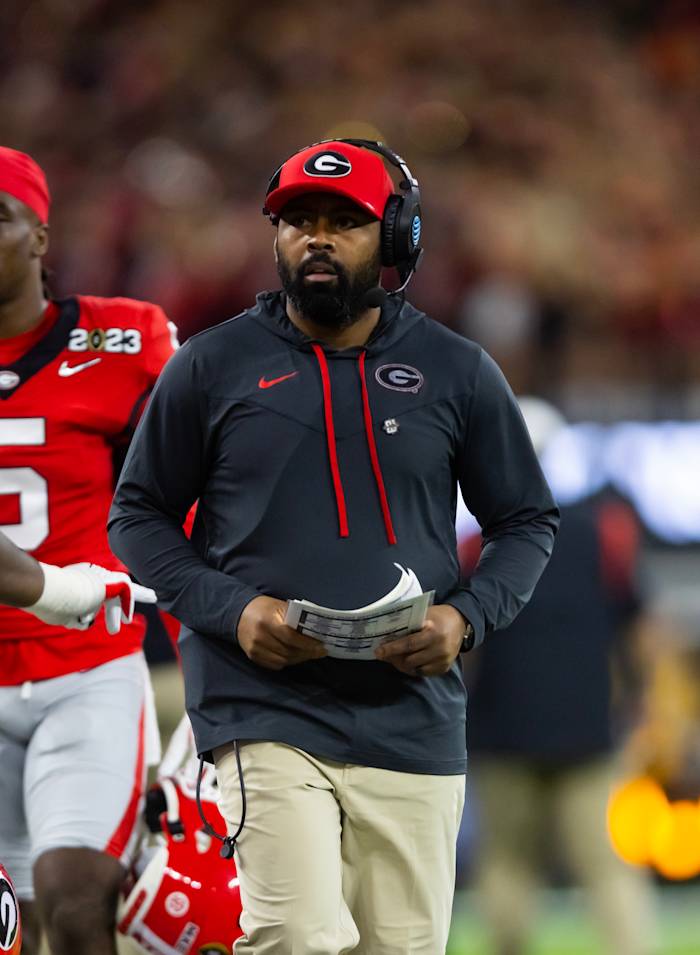 Jan 9, 2023; Inglewood, CA, USA; Georgia Bulldogs defensive backs coach Fran Brown against the TCU Horned Frogs during the CFP national championship game at SoFi Stadium. (Mark J. Rebilas / USA TODAY Sports).