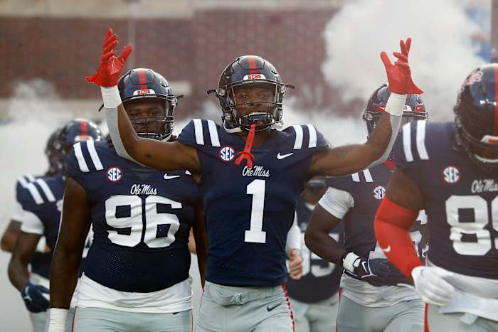 Sep 16, 2023; Oxford, Mississippi, USA; Mississippi Rebels defensive back Isheem Young (1) runs out of the tunnel prior to the game against the Georgia Tech Yellow Jackets at Vaught-Hemingway Stadium. Mandatory Credit: Petre Thomas-USA TODAY Sports