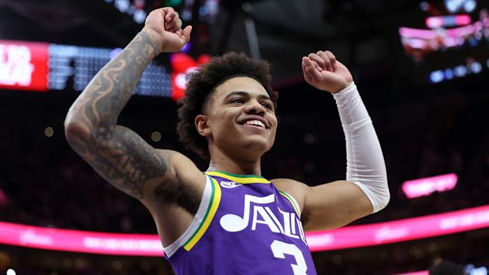 Nov 27, 2023; Salt Lake City, Utah, USA; Utah Jazz guard Keyonte George (3) celebrates a victory over the New Orleans Pelicans at Delta Center.