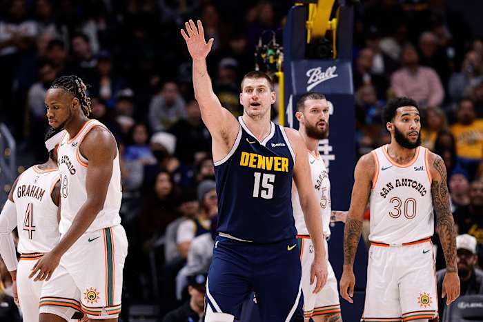 Nov 26, 2023; Denver, Colorado, USA; Denver Nuggets center Nikola Jokic (15) in the fourth quarter against the San Antonio Spurs at Ball Arena.
