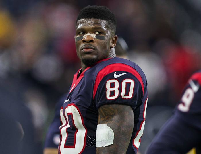 Texans wide receiver Andre Johnson on the sideline during the fourth quarter against the Jacksonville Jaguars at NRG Stadium.