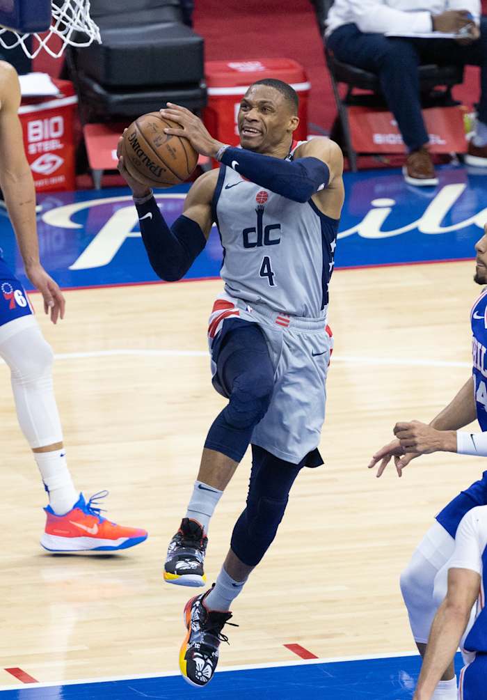 Washington Wizards guard Russell Westbrook (4) goes to the basket against the Philadelphia 76ers during the third quarter in game five of the first round of the 2021 NBA Playoffs at Wells Fargo Center.