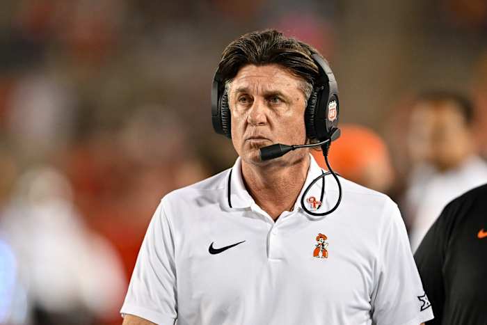 Nov 18, 2023; Houston, Texas, USA; Oklahoma State Cowboys head coach Mike Gundy looks on during the fourth quarter against the Houston Cougars at TDECU Stadium. Mandatory Credit: Maria Lysaker-USA TODAY Sports