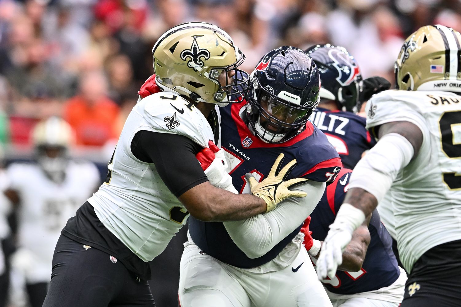 Houston Texans offensive tackle Tytus Howard (71) and New Orleans Saints defensive end Cameron Jordan (94) in action during the first quarter at NRG Stadium.