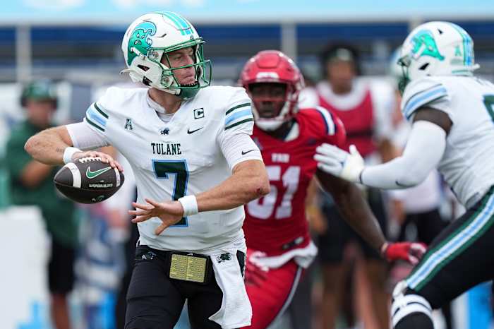Nov 18, 2023; Boca Raton, Florida, USA; Tulane Green Wave quarterback Michael Pratt (7) drops back to pass against the Florida Atlantic Owls in the first half at FAU Stadium. Mandatory Credit: Jim Rassol-USA TODAY Sports