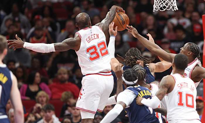Rockets forward Jeff Green defends against a shot by Denver Nuggets forward Aaron Gordon during the game at Toyota Center