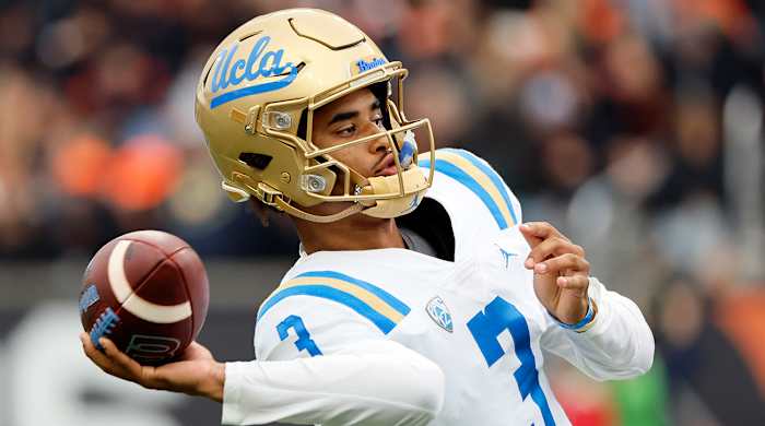 UCLA Bruins quarterback Dante Moore (3) warms up before the game against Oregon State at Reser Stadium.
