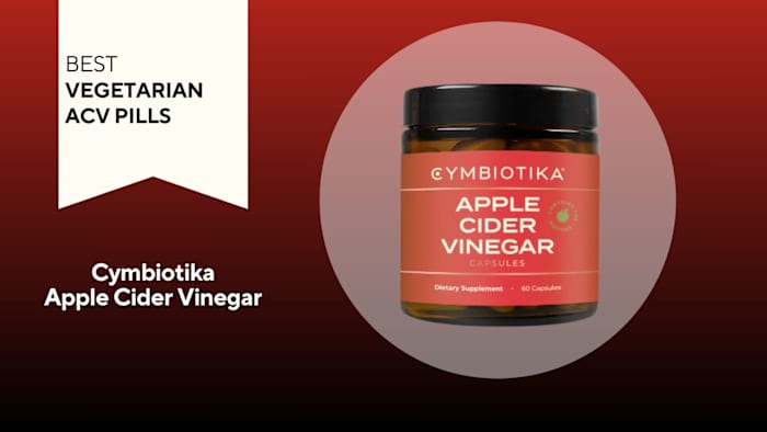 Red contain with white writing that says "Apple Cider Vinegar" against a red background