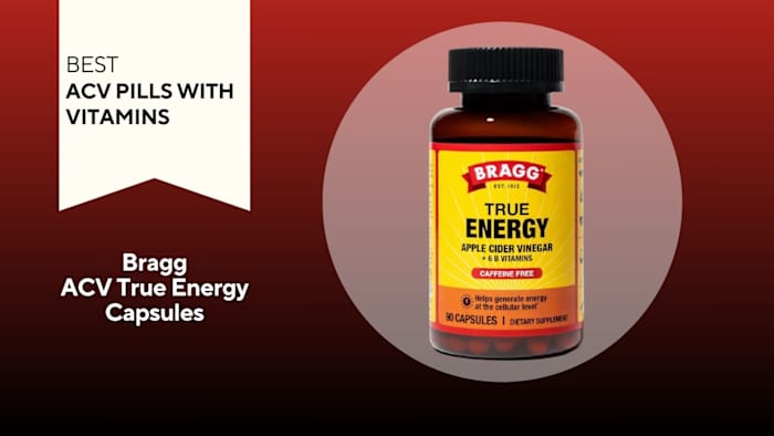 Brown pill bottle with a yellow label that reads "Bragg True Energy Apple Cider Vinegar" against a red background