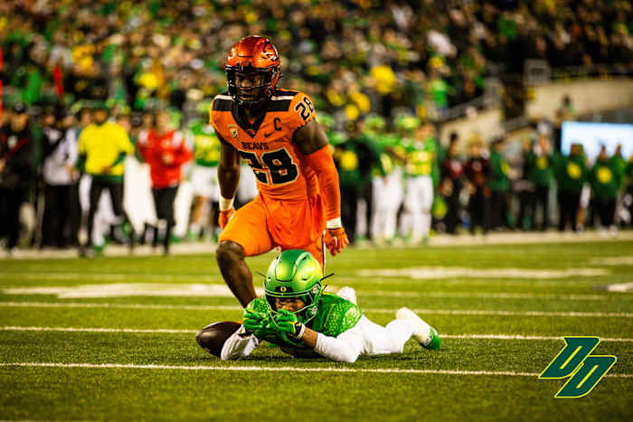 Oregon Ducks wide receiver Tez Johnson signals for a first down against the Oregon State Beavers.