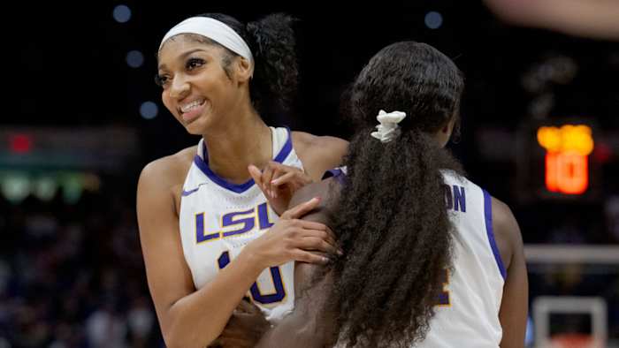 LSU forward Angel Reese and guard Flau’jae Johnson celebrate during the Lady Tigers’ win over Virginia Tech on Nov. 20, 2023.
