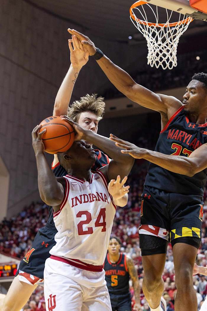 Indiana Hoosiers forward Payton Sparks (24) shoots the ball while Maryland Terrapins forward Jordan Geronimo (22) defends at Simon Skjodt Assembly Hall.