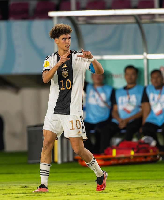 Noah Darvich pictured celebrating after scoring for Germany against France in the final of the 2023 FIFA U17 World Cup
