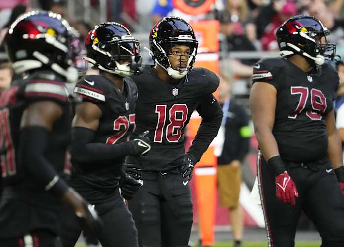 Arizona Cardinals linebacker BJ Ojulari (18) reacts after a touchdown by the Los Angeles Rams in the second half at State Farm Stadium in Glendale on Nov. 26, 2023