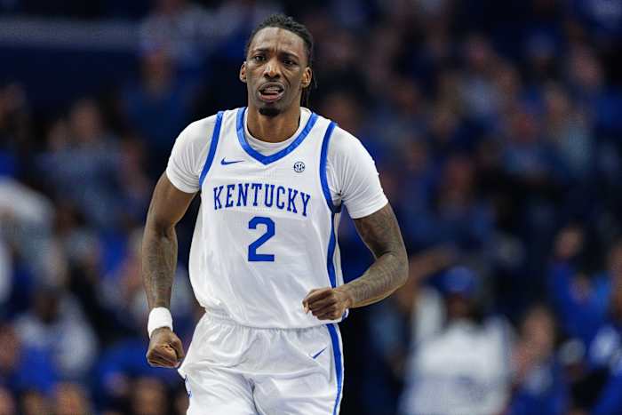 Dec 2, 2023; Lexington, Kentucky, USA; Kentucky Wildcats forward Aaron Bradshaw (2) runs down the court after making a basket against the North Carolina-Wilmington Seahawks during the first half at Rupp Arena at Central Bank Center. Mandatory Credit: Jordan Prather-USA TODAY Sports