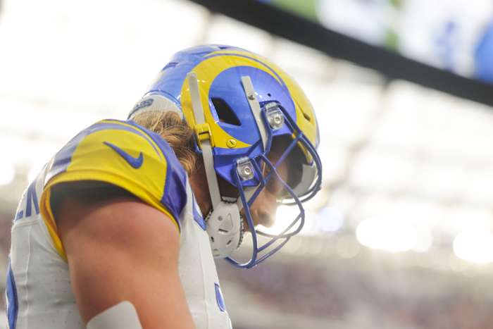 Dec 3, 2023; Inglewood, California, USA; Los Angeles Rams wide receiver Ben Skowronek (18) walks after a play in the first half in a game against the Cleveland Browns at SoFi Stadium. Mandatory Credit: Yannick Peterhans-USA TODAY Sports
