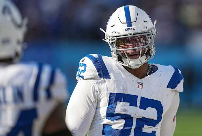 Indianapolis Colts defensive end Samson Ebukam (52) walks the sidelines Sunday, Dec. 3, 2023, during a game against the Tennessee Titans at Nissan Stadium in Nashville, Tenn.  