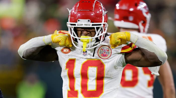 Kansas City Chiefs running back Isiah Pacheco (10) reacts to a run against the Green Bay Packers during the second half of an NFL football game Sunday, Dec. 3, 2023 in Green Bay, Wis. (AP Photo/Matt Ludtke)   