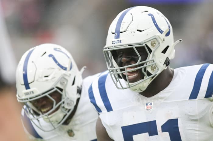 Sep 24, 2023; Baltimore, Maryland, USA; Indianapolis Colts defensive end Kwity Paye (51) reacts after sacking Baltimore Ravens quarterback Lamar Jackson (8) during the first half at M&T Bank Stadium. Mandatory Credit: Tommy Gilligan-USA TODAY Sports