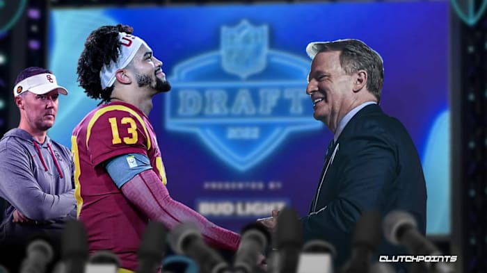 USC coach Lincoln Riley (far left), quarterback Caleb Williams (middle left), and NFL commissioner Roger Goodell (right)