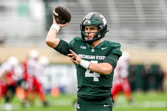 Michigan State's Sam Leavitt throws a pass before the football game against Nebraska on Saturday, Nov. 4, 2023, at Spartan Stadium in East Lansing.