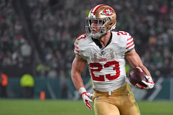 Dec 3, 2023; Philadelphia, Pennsylvania, USA; San Francisco 49ers running back Christian McCaffrey (23) makes a catch against the Philadelphia Eagles during the third quarter at Lincoln Financial Field. Mandatory Credit: Eric Hartline-USA TODAY Sports