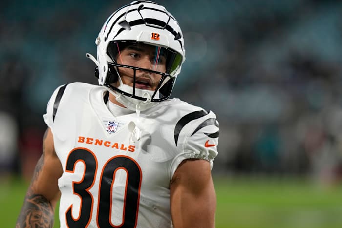 Cincinnati Bengals running back Chase Brown (30) takes the field for pregame warm up before facing the Jacksonville Jaguars at Everbank Stadium in Jacksonville, Florida Monday, December 4, 2023.