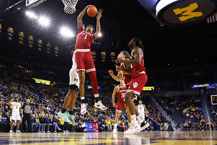 Indiana center Kel'el Ware (1) grabs the rebound in the first half against the Michigan Wolverines.