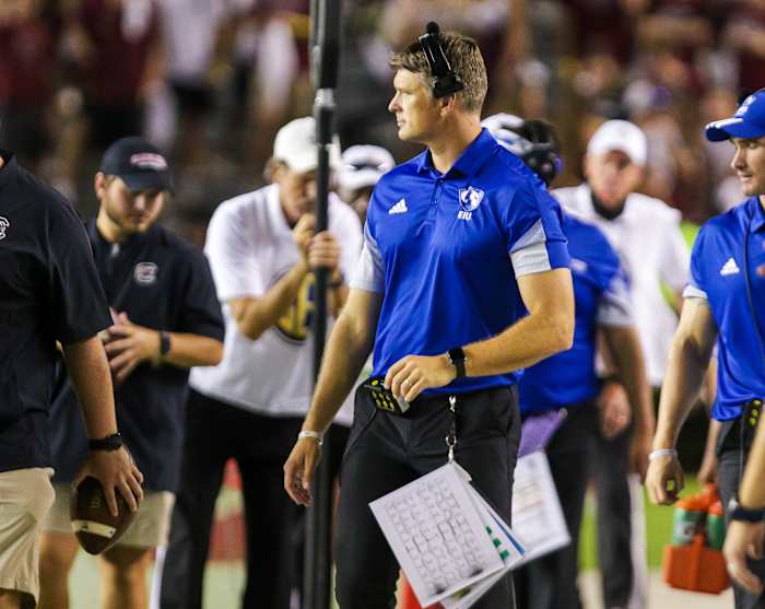 Eastern Illinois Panthers head coach Adam Cushing directs his team against the South Carolina Gamecocks in the third quarter at Williams-Brice Stadium.