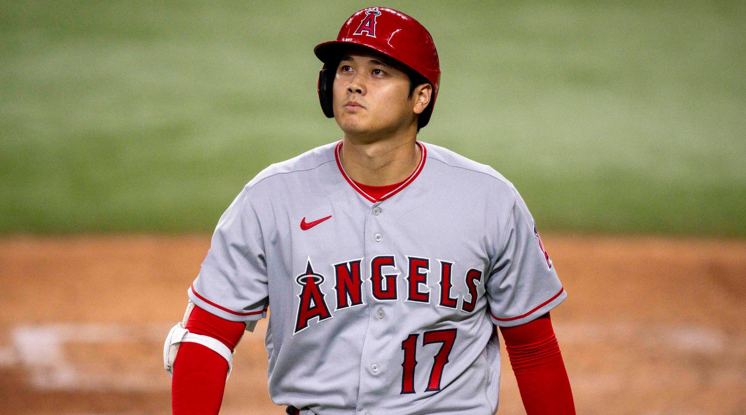 Angels DH Shohei Ohtani looks on after striking out