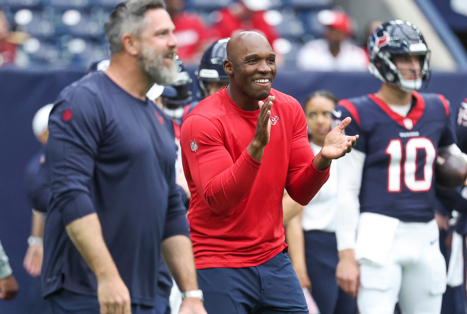 Houston Texans head coach DeMeco Ryans on the field before the game against the Tampa Bay Buccaneers at NRG Stadium. Mandatory Credit Troy Taormina-USA TODAY Sports