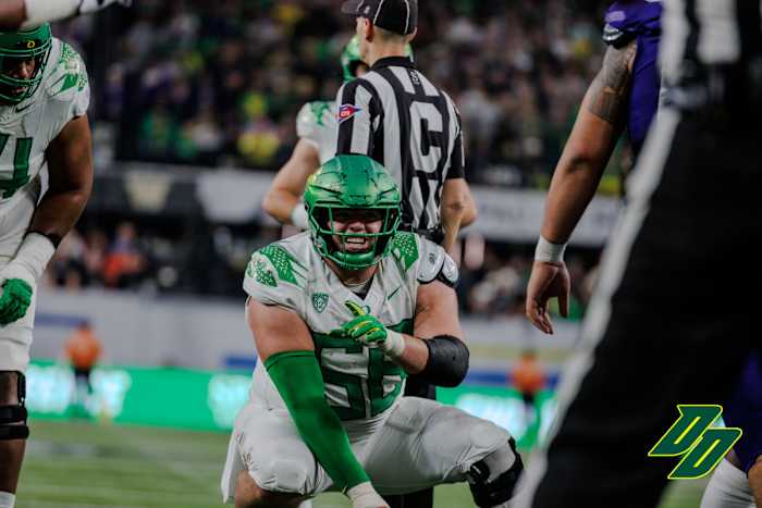 Oregon Ducks center Jackson Powers-Johnson in the Pac-12 Championship against the Washington Huskies.