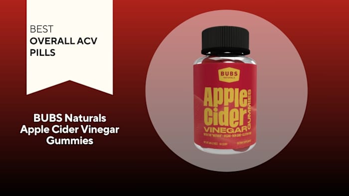 Clear pill bottle with red label with yellow writing that says Apple Cider Vinegar Gummies against a red background